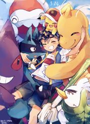 1boy ash_ketchum baseball_cap black_eyes black_shorts blue_jacket blue_shorts blush catsubun_(kkst0904) closed_eyes colored_sclera dated dracovish dragonite facial_mark furry gen_1_pokemon gen_4_pokemon gen_8_pokemon gengar hat highres horns hug jacket lucario male_focus nintendo open_mouth pikachu pokemon pokemon_(anime) pokemon_(creature) pokemon_journeys red_sclera red_shirt shield shirt shorts single_horn sirfetch&#039;d smile sword two-tone_shirt two-tone_shorts weapon white_shirt