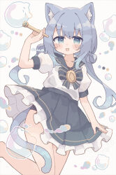 Rule 34 | 1girl, :d, absurdres, animal ear fluff, animal ears, black panties, blue bow, blue bowtie, blue eyes, blue hair, blue sailor collar, blue skirt, blush, bow, bowtie, bubble, cat ears, cat girl, cat tail, colon br, commentary request, cowboy shot, frilled skirt, frills, highres, leg up, long hair, looking at viewer, low twintails, open mouth, original, panties, pantyshot, pleated skirt, sailor collar, school uniform, serafuku, shirt, short sleeves, simple background, skirt, smile, solo, standing, standing on one leg, tail, twintails, twitter username, underwear, white background, white shirt