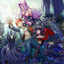 2boys 44celsius 5girls abs arm_up artoria_pendragon_(fate) black_dress black_hair black_ribbon black_shoes black_skirt black_thighhighs blue_eyes blue_pants breasts brown_shoes cleavage closed_eyes commentary_request dark_sakura dress dress_of_heaven emiya_shirou facial_mark fate/stay_night fate_(series) fingernails forehead forehead_mark from_behind gauntlets hair_ribbon heaven&#039;s_feel highres holding_hands hug hug_from_behind illyasviel_von_einzbern kotomine_kirei lap_pillow long_hair looking_at_another looking_at_viewer lying matou_sakura medusa_(fate) mixed-language_commentary multiple_boys multiple_girls open_mouth pants pleated_skirt profile purple_hair raglan_sleeves ribbon rulebreaker saber_alter shirt shoes short_hair siblings sisters skirt strapless strapless_dress sword teeth thighhighs tohsaka_rin tube_dress two_side_up upper_teeth_only very_long_hair water weapon white_hair white_shirt yellow_eyes zettai_ryouiki