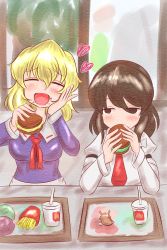 2girls absurdres bad_id bad_pixiv_id blonde_hair brown_hair burger commentary_request crumbs cup disposable_cup drinking_straw eating food french_fries happy highres lettuce looking_at_another maribel_hearn mcdonald&#039;s multiple_girls no_headwear ron_samu_jouji sitting slug stuffed_toy touhou usami_renko