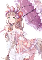 Rule 34 | 1girl, animal ear fluff, animal ears, bare shoulders, blunt bangs, blush, braid, breasts, brown hair, brown tail, dress, floral print, flower, fox ears, fox girl, fox tail, green eyes, hair flower, hair ornament, headdress, highres, holding, holding umbrella, jacket, long hair, looking at viewer, maho (princess connect!), maho (summer) (princess connect!), open mouth, orange dress, parasol, princess connect!, red dress, see-through clothes, smile, solo, tail, tsukachii, umbrella, very long hair, wolf girl