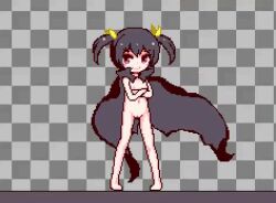 1girl animated animated_gif black_cape black_hair cape cleft_of_venus female_focus fighting fighting_stance flat_chest full_body hinainf holding holding_weapon lasso loli lowres motion_blur naked_cape navel nipples nude pixel_art pussy red_eyes rope scythe short_twintails solo standing twintails uncensored usagi_and_the_dream_island weapon