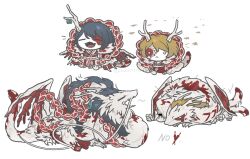 2boys :&lt; black_hair chibi closed_eyes dragon eastern_dragon eastern_dragon_horns fangs footprints full_body highres hong_lu_(project_moon) horn_piercing limbus_company long_hair multiple_boys ohzv open_mouth project_moon simple_background sinclair_(project_moon) smile tears_of_the_tarnished_blood_(e.g.o) very_long_hair white_background yinglong_(project_moon)