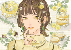 Rule 34 | 1girl, absurdres, brown hair, cake, cookie, daisy (flower), earrings, eucalyptus leaves, fashion, flower, food, fruit, hair between eyes, hair ornament, hairclip, highres, jewelry, lemon, lemon slice, multicolored hair, nail polish, necklace, original, pastry, short hair, solo, streaked hair, sweater, turtleneck, turtleneck sweater, yksm ktn
