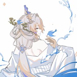 Rule 34 | 1girl, ambience synesthesia, animal, arknights, bare shoulders, bird, blonde hair, blue bird, blue hair, chinese commentary, closed eyes, closed mouth, colored extremities, commentary request, dragon girl, dragon horns, dress, from behind, grey hair, hair ornament, hair stick, hairpin, highres, horns, light smile, long hair, long sleeves, multicolored hair, off shoulder, official alternate costume, profile, purple hair, shang ge promax, shu (arknights), shu (bingwenyuyou) (arknights), simple background, solo, turning head, white background, white dress