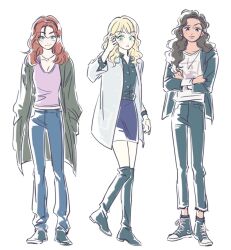 3girls animification black_eyes black_hair black_socks blonde_hair blue_eyes blue_pants blue_skirt boots breasts buttons closed_mouth coat collared_shirt commentary crossed_arms dark-skinned_female dark_skin denim english_commentary full_body green_boots green_coat green_eyes green_jacket green_pants green_shirt green_shoes gwen_stacy hairband hand_up hands_in_pockets jacket jewelry lapels long_hair long_sleeves looking_at_viewer marvel marvel_cinematic_universe mary_jane_watson medium_breasts michelle_&quot;mj&quot;_jones multiple_girls necklace open_clothes open_coat open_mouth open_robe pants polka_dot polka_dot_shirt purple_tank_top red_hair robe shirt shoes simple_background skdlfjgrp skirt smile sneakers socks spider-man:_homecoming spider-man_(series) spider-man_1_(2002) standing tank_top the_amazing_spider-man wavy_hair white_background white_hairband white_robe white_shirt