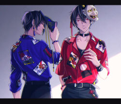 2boys absurdres bead_bracelet beads belt black_belt black_border black_choker black_hair black_pants blue_shirt border bracelet choker cigarette closed_eyes closed_mouth collarbone commentary_request earrings fox_mask from_behind grey_background hair_between_eyes hair_ribbon hand_in_pocket highres holding holding_cigarette holding_mask jewelry looking_at_viewer male_focus mask mask_on_head moxamog multiple_boys o-ring o-ring_choker oni_mask original pants print_shirt red_eyes red_ribbon red_shirt ribbon shirt short_hair sleeves_rolled_up smile tassel tassel_earrings upper_body