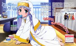 Rule 34 | 2boys, 4girls, abe atsushi, absurdres, barefoot, blue eyes, dengeki g&#039;s, food, green eyes, habit, highres, ice cream, iguchi yuka, index (toaru majutsu no index), itou shizuka, kneeling, long hair, magazine scan, mouth hold, multiple boys, multiple girls, nun, official art, popsicle, popsicle stick, robe, satou rina, scan, voice actor, silver hair, tanaka yuuichi, taniyama kishou, toaru majutsu no index