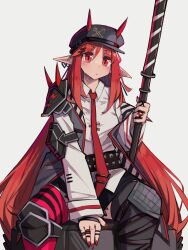 1girl absurdres arknights asymmetrical_legwear black_headwear black_thighhighs blush closed_mouth collared_shirt commentary demon_horns dress_shirt earrings elbow_pads english_commentary hair_between_eyes highres holding holding_polearm holding_weapon horns horns_through_headwear jewelry long_hair long_sleeves looking_at_viewer material_growth mismatched_legwear necktie oripathy_lesion_(arknights) pointy_ears polearm red_eyes red_hair red_necktie red_thighhighs shirt shoulder_guard sidelocks simple_background sitting solo thighhighs togekk0 very_long_hair vigna_(arknights) weapon white_background white_shirt