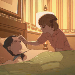 2girls 55bata6rou bed black_hair brown_eyes brown_hair closed_eyes closed_mouth cold_pack fever fukuzawa_yumi highres indoors lamp long_hair looking_at_another lying maria-sama_ga_miteru multiple_girls on_back pajamas picture_frame pillow shimazu_yoshino short_hair sick sleeping twintails under_covers