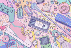 bottle charm_(object) comb commentary controller cork english_commentary figure game_boy game_boy_(original) game_controller handheld_game_console heisei jewelry necklace nintendo no_humans object_focus original pastel_colors roller_skates sayuri_(mucha-muha) skates tamagotchi tamagotchi_(classic) tamagotchi_(virtual_pet) videocassette virtual_pet_(toy) watch wristwatch