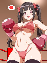 1girl absurdres armpits bikini blush boxing boxing_gloves boxing_ring breasts brown_background brown_hair cleavage commentary eyebrows_hidden_by_hair gluteal_fold groin hair_ribbon heart highres kasana large_breasts long_hair looking_at_viewer navel open_mouth original pink_bikini purple_eyes ribbon shadow simple_background smile solo spoken_heart stomach swimsuit twintails underboob wide_hips