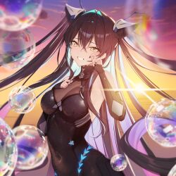 aqua_hair artist_request black_bodysuit bodysuit breasts bubble cleavage colored_inner_hair covered_navel crying goddess_of_victory:_nikke hair_intakes highres little_mermaid_(nikke) multicolored_hair non-web_source official_art see-through_cleavage see-through_clothes smile tears yellow_eyes