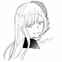 1girl artist_name cropped_shoulders fate_(series) fur_collar greyscale grin hat head highres long_hair looking_at_viewer looking_to_the_side lord_el-melloi_ii_case_files monochrome portrait reines_el-melloi_archisorte sakanomachico simple_background smile solo white_background