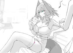 2girls arknights blue_eyes breasts camisole cleavage commentary_request cup drinking_straw drinking_straw_in_mouth garter_straps greyscale hair_between_eyes head_wings highres ho&#039;olheyak_(arknights) holding holding_cup large_breasts medium_hair monochrome muelsyse_(arknights) multiple_girls remote_control_vibrator sex_toy sitting skirt spot_color tail thighhighs uof vibrator wings