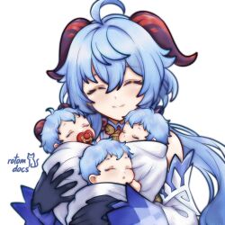 1girl 3others ahoge artist_name baby blue_eyes closed_eyes ganyu_(genshin_impact) genshin_impact gloves goat_horns highres horns multiple_others rotomdocs simple_background smile upper_body white_background