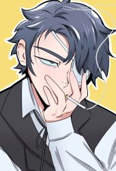 Rule 34 | 1boy, black hair, black ribbon, black vest, cigarette, collared shirt, commentary, daan (fear &amp; hunger), english commentary, eyepatch, fear &amp; hunger (series), fear &amp; hunger 2: termina, highres, long sleeves, male focus, medical eyepatch, neck ribbon, onac911, outline, ribbon, shirt, simple background, smoking, solo, upper body, vest, waistcoat, white outline, white shirt, yellow background