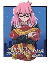 ! 1girl black-framed_eyewear black_serafuku blush boku_no_hero_academia embarrassed haneyama_kazuho highres holding holding_jacket holding_unworn_clothes jacket long_sleeves looking_at_viewer neckerchief night night_sky official_art pink_hair red_neckerchief red_trim sailor_collar school_uniform serafuku sky solo translation_request unworn_jacket vigilante_-boku_no_hero_academia:_illegals- white_sailor_collar
