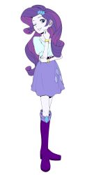 1girl ;d absurdres belt black_belt blue_eyes blue_eyeshadow blue_shirt boots bracelet colored_skin commentary_request curly_hair cutie_mark diamond_hair_ornament diamond_print eyeshadow flat_color full_body gold_bracelet grin hand_on_own_cheek hand_on_own_elbow hand_on_own_face hand_up high_contrast highres jewelry knee_boots legs_together long_hair looking_at_viewer makeup medium_skirt my_little_pony my_little_pony:_equestria_girls my_little_pony:_friendship_is_magic one_eye_closed open_mouth puffy_short_sleeves puffy_sleeves purple_boots purple_hair purple_skirt rarity_(equestria_girls) rarity_(my_little_pony) shirt shirt_tucked_in short_sleeves simple_background skirt smile solo standing turning_head very_long_hair white_background white_skin yuuto_(chakokin)