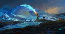 1boy angelasungart cat dawn dog elemental_(creature) highres looking_at_another noses_touching ocean original rock rockpool shore water waves