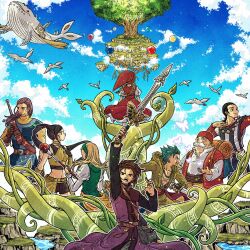 Rule 34 | 3girls, 5boys, bird, black hair, blonde hair, blue eyes, blue hair, blue sky, blue tabard, braid, camus (dq11), checkered clothes, cloud, commentary request, cross-laced clothes, dove, dragon quest, dragon quest xi, dress, erdrick&#039;s sword, everyone, facial hair, fez hat, floating clothes, floating hair, grandfather and grandson, green bustier, green dress, green hairband, green tunic, greig (dq11), hair slicked back, hairband, hat, hero (dq11), high ponytail, highres, holding, holding knife, holding sword, holding weapon, ketosu (dq11), knife, low twin braids, martina (dq11), multiple boys, multiple girls, o-ring, o-ring top, open mouth, plant, ponytail, profile, purple facial hair, purple tunic, red dress, red hat, row (dq11), senya (dq11), siblings, sisters, sky, spiked hair, striped clothes, sword, sword on back, sylvia (dq11), tabard, toriga, tunic, twin braids, twins, veronica (dq11), vines, weapon, weapon on back, whale, white facial hair, yggdrasil