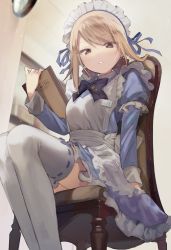 1girl apron arm_support blonde_hair blue_bow blue_ribbon bow brown_eyes chair commentary_request female_focus from_below hair_ribbon indoors juliet_sleeves legs_together long_sleeves looking_at_viewer looking_down maid_headdress menu name_tag original puffy_sleeves ribbon sitting solo thighhighs waitress white_thighhighs yuki_(popopo) zettai_ryouiki
