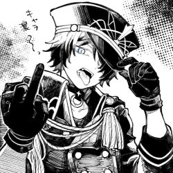 1boy aiguillette blue_eyes commentary_request fangs gloves greyscale hair_over_one_eye hana_bana07 hand_on_headwear hands_up hat hound_(rune_factory) jacket looking_at_viewer male_focus middle_finger monochrome open_mouth peaked_cap rune_factory rune_factory:_guardians_of_azuma short_hair solo tongue tongue_out translation_request upper_body