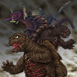 absurdres alternate_form avant_gamera baby body_markings broken_tooth broken_tusk dual_persona emaciated flying frills gamera gamera_(series) gamera_the_brave giant giant_monster glowing glowing_markings green_eyes gyaos highres kadokawa kaiju lizard long_tongue monster muscular neon_trim no_humans original_gyaos reincarnation ribs satoru33 sea_monster tongue tongue_out toto_(gamera) turtle tusks very_long_tongue wings yellow_eyes zedus