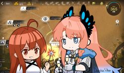 Rule 34 | 1boy, 1girl, ahoge, arknights, artist name, bird boy, blue eyes, blush stickers, bright pupils, champagne flute, commentary, cup, dankashu, doctor (arknights), drinking glass, english commentary, female doctor (arknights), fireworks, game screenshot background, gloves, grin, head wings, holding, holding cup, holding fireworks, infection monitor (arknights), long hair, parted lips, passenger (arknights), pink hair, red eyes, red hair, screenshot background, signature, smile, sparkler, teeth, white gloves, white pupils, wings