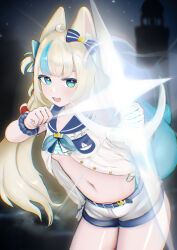 1girl absurdres animal_ear_fluff animal_ears blue_bow blue_eyes blue_streaks bow breasts cat_ears dimensionless88 dress fins fish_tail hair_bow highres indie_virtual_youtuber lifebuoy_hair_ornament long_hair looking_at_viewer low_twintails navel open_clothes open_dress sailor_dress sameko_saba shorts small_breasts solo tail twintails virtual_youtuber white_dress white_shorts