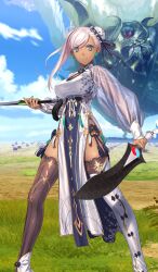 1girl asymmetrical_footwear blue_eyes blue_sky boots breasts brown_thighhighs bun_cover china_dress chinese_clothes cleavage_cutout clothing_cutout dress earrings fate/grand_order fate_(series) hair_bun hair_ribbon jewelry kanshou_&amp;_bakuya_(fate) koyama_hirokazu large_breasts long_hair miyamoto_musashi_(dream_portrait)_(fate) miyamoto_musashi_(fate) official_art pelvic_curtain piercing pink_hair ribbon single_side_bun sky smile solo swept_bangs sword tan thighhighs weapon