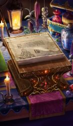 bottle candle commentary fate/accel_zero_order fate/grand_order fate/zero fate_(series) fire lantern lasengle no_humans object_focus official_art plant_request scroll third-party_source