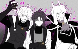 3boys ;d absurdres alternate_universe antenna_hair arm_up armored_gloves ascot asriel_dreemurr bright_pupils brothers cape chara_(undertale) chinese_commentary closed_mouth commentary_request crossed_arms cup facial_hair fangs film_grain flipped_hair frisk_(undertale) furry furry_male goat_boy gold_necklace grey_background greyscale grin hair_between_eyes halftone hanbaobaobaozhu hatching_(texture) heart heart_necklace highres holding holding_cup horns jewelry light_frown long_hair long_sleeves low_ponytail monochrome multiple_boys necklace notice_lines one_eye_closed open_mouth outline ponytail purple_outline scar scar_across_eye scar_on_face short_hair siblings simple_background skin_fangs smile sparkle spot_color sweater turtleneck turtleneck_sweater undertale upper_body upturned_eyes xtale