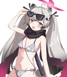 1girl absurdres adjusting_eyewear ahoge animal_ear_fluff animal_ears bikini black_scarf blue_archive blush breasts commentary extra_ears eyewear_on_head fang gradient_scarf grey_background grey_hair halo highres loli long_hair looking_at_viewer michiru_(blue_archive) multicolored_bikini navel open_mouth pink_halo purple_scarf raccoon_ears raccoon_girl raccoon_hair_ornament scabbard scarf sheath side-tie_bikini_bottom simple_background skin_fang small_breasts solo string_bikini sunglasses swimsuit tama_sakura twintails very_long_hair weapon weapon_on_back yellow_eyes