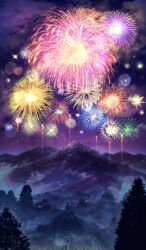 aerial_fireworks cloud commentary fate/grand_order fate_(series) fireworks forest lasengle mountainous_horizon nature night no_humans official_art outdoors purple_sky scenery sky sky_focus third-party_source