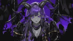 1girl beni_(bn12x20) black_coat breasts cleavage closed_mouth coat commentary_request demon_girl demon_horns demon_lord_(vocaloid) demon_wings gloves horns indie_virtual_youtuber kurokumo_(vtuber) long_sleeves looking_at_viewer open_clothes open_coat purple_eyes purple_gloves purple_hair purple_theme second-party_source solo upper_body virtual_youtuber wings