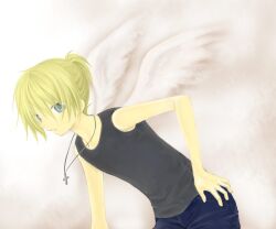 1boy 2000s_(style) black_shirt blonde_hair blue_eyes blue_shorts commentary_request cowboy_shot cross cross_necklace expressionless feathered_wings hair_between_eyes hand_on_own_hip jewelry kagamine_len koruneiyu leaning_forward long_bangs looking_at_viewer male_focus necklace parted_lips ponytail shirt short_hair short_ponytail shorts sleeveless sleeveless_shirt solo three_quarter_profile vocaloid white_wings wings