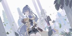 Rule 34 | 1boy, 1girl, animal, ascot, bird, black hairband, brown gloves, chinese commentary, closed mouth, day, falling leaves, fu hua, fu hua (hawk of the fog), fu hua (valkyrie accipiter), gloves, grey hair, hair between eyes, hairband, high ponytail, highres, honkai (series), honkai impact 3rd, leaf, long sleeves, open hands, outdoors, ponytail, purple ascot, qqqne, shorts, sketch, su (honkai impact)