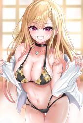 1girl ana_(vvvvor) barbell_piercing bead_bracelet beads bikini black_bikini black_choker blonde_hair bracelet breasts choker clenched_teeth cowboy_shot ear_piercing fake_nails floral_print grin gyaru halterneck industrial_piercing jewelry kitagawa_marin large_breasts leaning_forward long_hair looking_at_viewer multi-strapped_bikini multi-strapped_bikini_bottom multicolored_hair necklace piercing print_bikini red_eyes side-tie_bikini_bottom smile solo sono_bisque_doll_wa_koi_wo_suru string_bikini swimsuit teeth thigh_gap