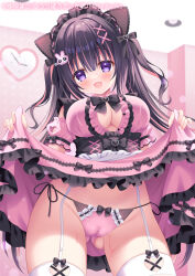 1girl animal_ears apron black_bow black_corset black_hair black_ribbon blush bow bow_panties breasts cameltoe cat_ears cat_girl ceiling ceiling_light cleavage clock clothes_lift corset detached_sleeves dress dress_lift fake_animal_ears garter_straps hair_ornament hair_ribbon heart heart-shaped_clock jirai_kei large_breasts long_hair looking_at_viewer maid maid_apron maid_headdress melonbooks multicolored_hair open_mouth panties pink_dress pink_hair pink_panties purple_eyes rabbit_hair_ornament ribbon short_sleeves side-tie_panties sleeveless sleeveless_dress smile standing streaked_hair sweat thighhighs twintails underwear white_apron white_thighhighs x_hair_ornament yuyumatsu