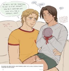 2boys bite_mark blonde_hair blue_eyes borrego_tan bound bound_arms boxers clothed_sex curly_(mouthwashing) empty_eyes grey_eyes grey_shirt highres jimmy_(mouthwashing) leg_hair lobotomy looking_to_the_side male_focus male_underwear mind_break mouthwashing multiple_boys precum ribbon ribbon_bondage shirt speech_bubble sweat thigh_sex underwear wrinkled_skin yaoi yellow_shirt