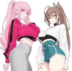 2girls absurdres ahoge alternate_costume black_hair black_sports_bra bluefield blunt_bangs blush breasts brown_eyes brown_hair commentary cowboy_shot crop_top crop_top_overhang dolphin_shorts english_commentary feather_hair_ornament feathers fingernails from_side grey_hair grey_pants hair_between_eyes hair_ornament hairclip hand_up high-waist_pants high_ponytail highres hololive hololive_english large_breasts light_smile long_hair long_sleeves looking_at_viewer midriff mori_calliope multicolored_hair multiple_girls nanashi_mumei outside_border pants parted_lips pink_eyes pink_hair pink_nails pink_shirt ponytail shirt shorts sidelocks simple_background single_sleeve_past_wrist sleeves_past_wrists smile sports_bra steam steaming_body streaked_hair thighs virtual_youtuber white_background yoga_pants