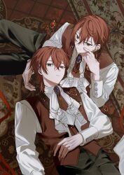 18trip 22kolink 2boys black_pants closed_mouth dual_persona green_eyes heterochromia highres looking_at_viewer lying male_focus multiple_boys nishizono_renga on_back pants parted_lips red_eyes red_hair red_vest shirt short_hair smile vest white_shirt