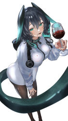 1girl absurdres alcohol aqua_eyes arknights between_breasts black_pantyhose blush breasts commentary cup dress drink drinking_glass fang grey_hair hair_between_eyes head_wings highres ho&#039;olheyak_(arknights) holding holding_cup holding_drink infection_monitor_(arknights) long_sleeves looking_at_viewer medium_hair pantyhose parted_lips pencil_dress simple_background snake_tail solo spilling standing strap_between_breasts tail takiren white_background white_dress wine wine_glass wings