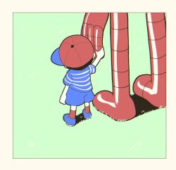 Rule 34 | backwards hat, black hair, blue footwear, blue shirt, blue shorts, eve (mother), facing away, from behind, hat, holding hands, hoshi (star-name2000), mechanical arms, mother (series), mother 1, ninten, nintendo, on grass, red hat, robot, shirt, shorts, size difference, striped clothes