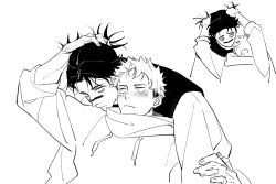2boys arm_up arms_up bags_under_eyes blush choso_(jujutsu_kaisen) closed_mouth commentary cropped_torso double_bun drawstring facial_mark frown hair_bun hand_in_another&#039;s_hair hand_on_another&#039;s_arm hood hood_down hoodie itadori_yuuji jujutsu_kaisen long_sleeves looking_at_another looking_to_the_side male_focus multicolored_hair multiple_boys multiple_views open_mouth sanpaku short_hair short_sideburns simple_background symbol-only_commentary two-tone_hair white_background yi_(826805607)
