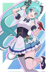 1girl ahoge aqua_eyes aqua_hair black_corset blush breasts corset foot_out_of_frame frilled_skirt frills gloves hair_between_eyes hair_ornament hatsune_miku highres holding holding_microphone idol looking_at_viewer medium_breasts microphone odorukaminoke open_mouth red_gloves shirt skirt sleeveless sleeveless_shirt smile socks solo standing standing_on_one_leg thick_thighs thigh_strap thighs twintails vocaloid