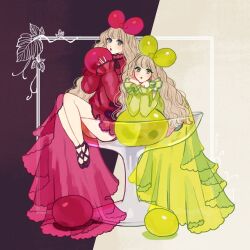 2girls animification blonde_hair bow dress full_body glass green_dress green_eyes hair_bow hime_cut leaf long_sleeves looking_at_viewer meecosme multiple_girls open_mouth original red_bow red_dress short_hair wavy_hair