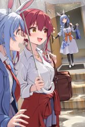 3girls animal_ear_fluff animal_ears bag blue_hair blue_jacket blue_skirt braid braided_ponytail clothes_around_waist collared_shirt commentary_request fang grey_hair heterochromia highres holding holding_bag holding_umbrella hololive houshou_marine jacket jacket_around_waist jewelry long_hair long_sleeves looking_at_another multicolored_hair multiple_girls necklace necktie open_mouth pantyhose pekomama pleated_skirt rabbit_ears rabbit_girl red_eyes red_hair red_jacket red_necktie shirt short_eyebrows shoulder_bag skirt smile streaked_hair summer_tail720 thick_eyebrows transparent transparent_umbrella two-tone_hair umbrella usada_pekora virtual_youtuber white_shirt yellow_eyes