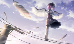 1girl absurdres animal animal_ears bird bird_ears bird_wings black_shoes black_thighhighs brown_dress brown_hat day dress feathered_wings feathers frilled_dress frilled_sleeves frills full_body hat highres long_sleeves meo_(user_rhdv8385) mystia_lorelei open_mouth outdoors pink_hair power_lines red_eyes shoes short_hair sleeve_garter solo sparrow standing thighhighs touhou utility_pole white_wings winged_hat wings